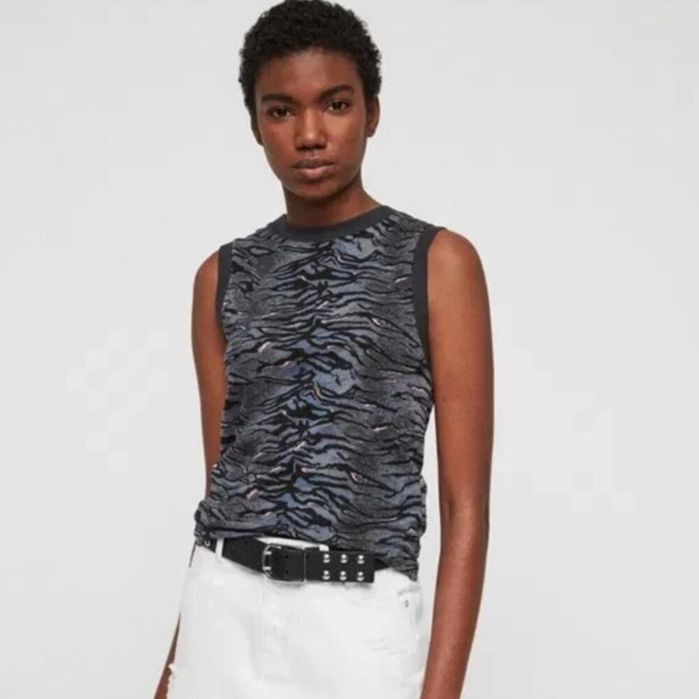 AllSaints Imogen Tank Top Womens Small Blue Black Tiger Print Shirt size small